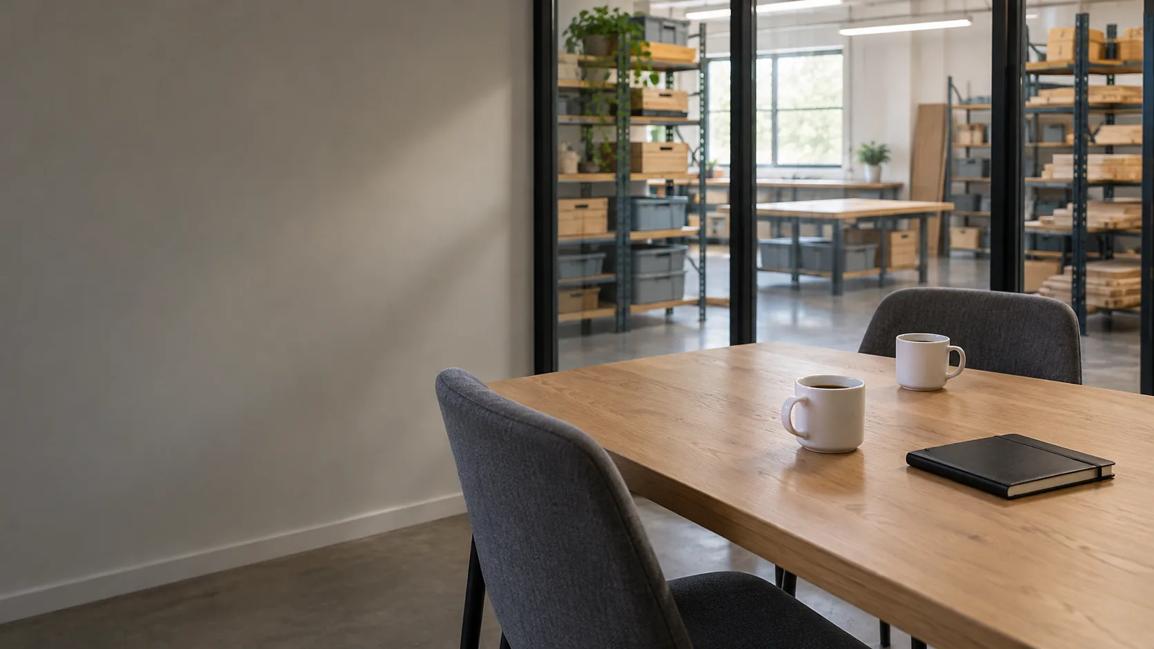 A meeting table with two coffees and a notebook, the workshop through the glass