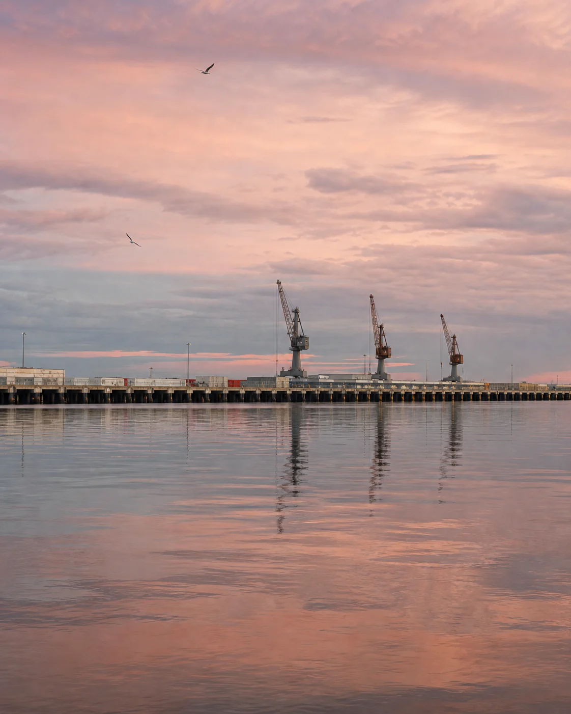 A calm harbour at dawn, a wharf with cranes reflected in still water