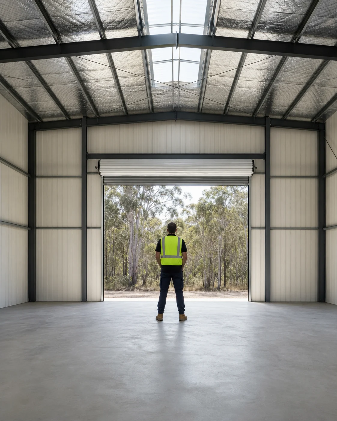 A worker standing in a brand-new empty shed, looking out through the open door