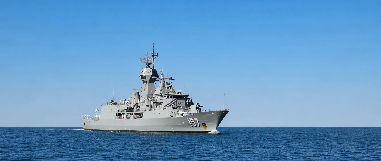 A grey frigate under way on a calm blue sea under a clear sky