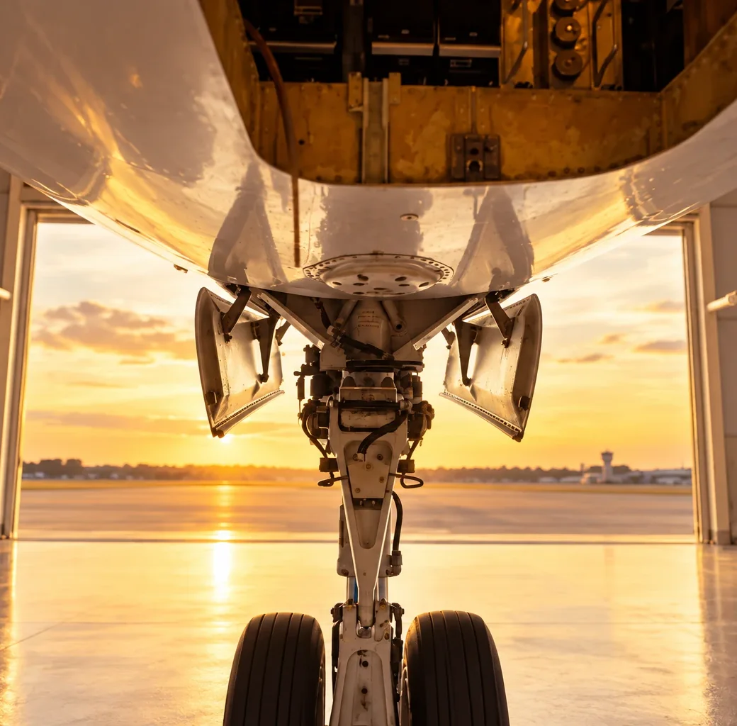 An aircraft's nose landing gear in a hangar, the doors open onto a runway at sunset