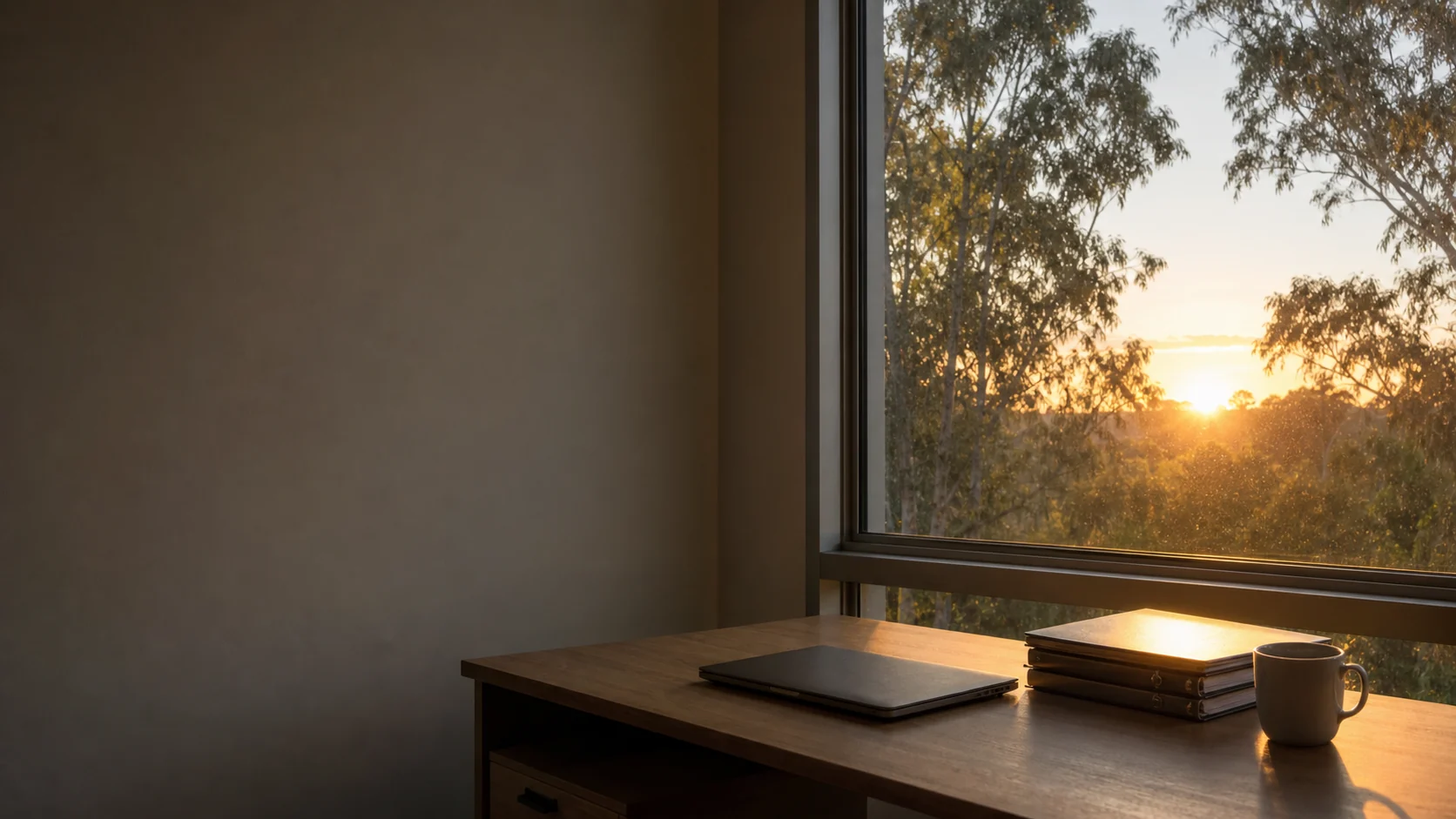 A desk by a window at sunrise, a closed laptop, binders and a coffee