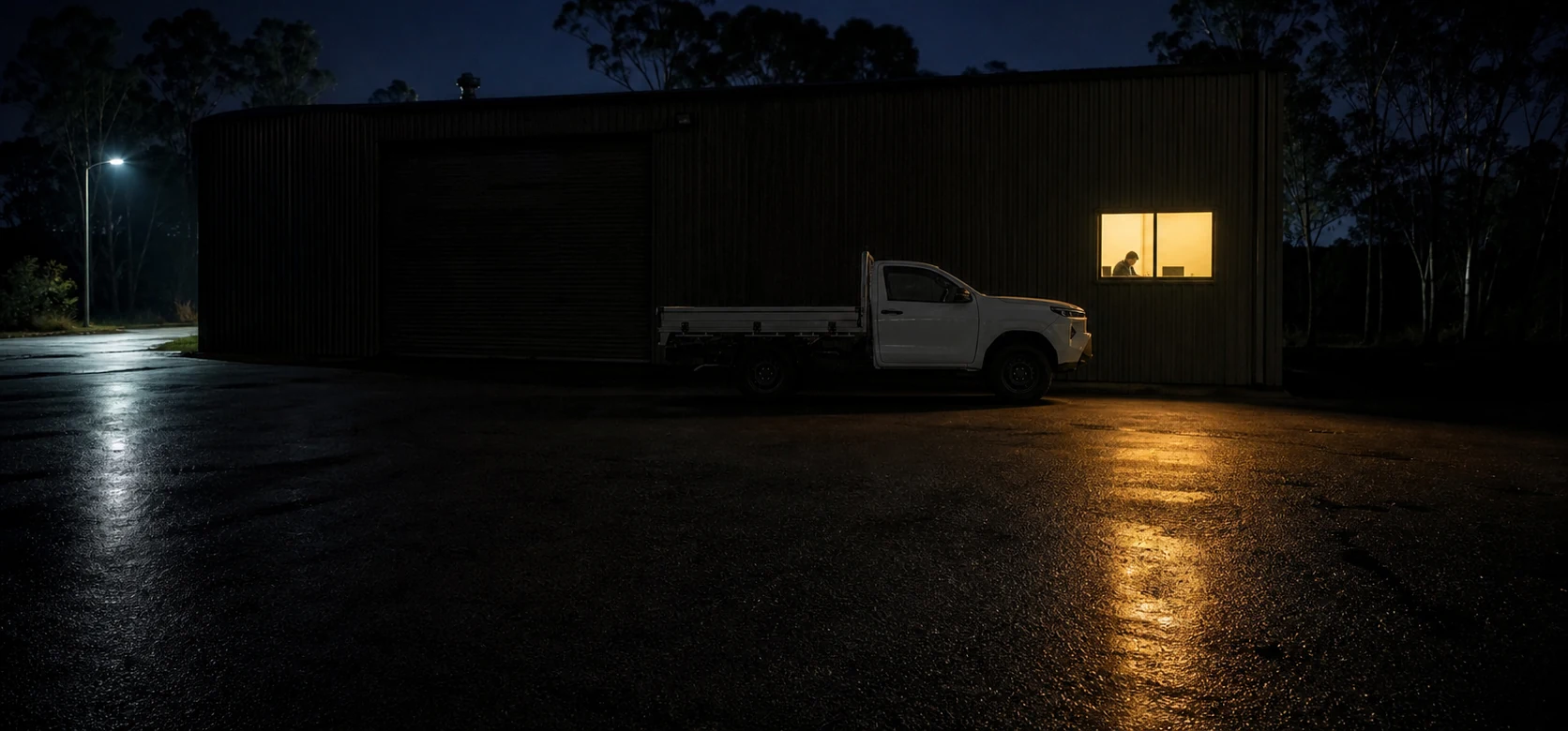 A dark workshop at night with one office window lit and someone still working inside, a ute parked out front