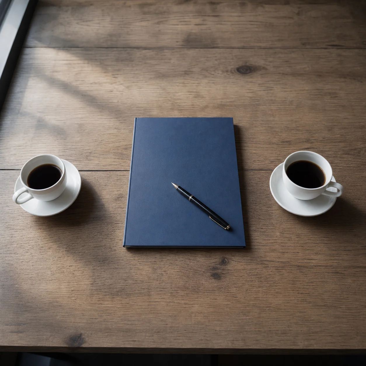 Overhead, a closed dark blue folder and a pen on a timber table between two cups of coffee