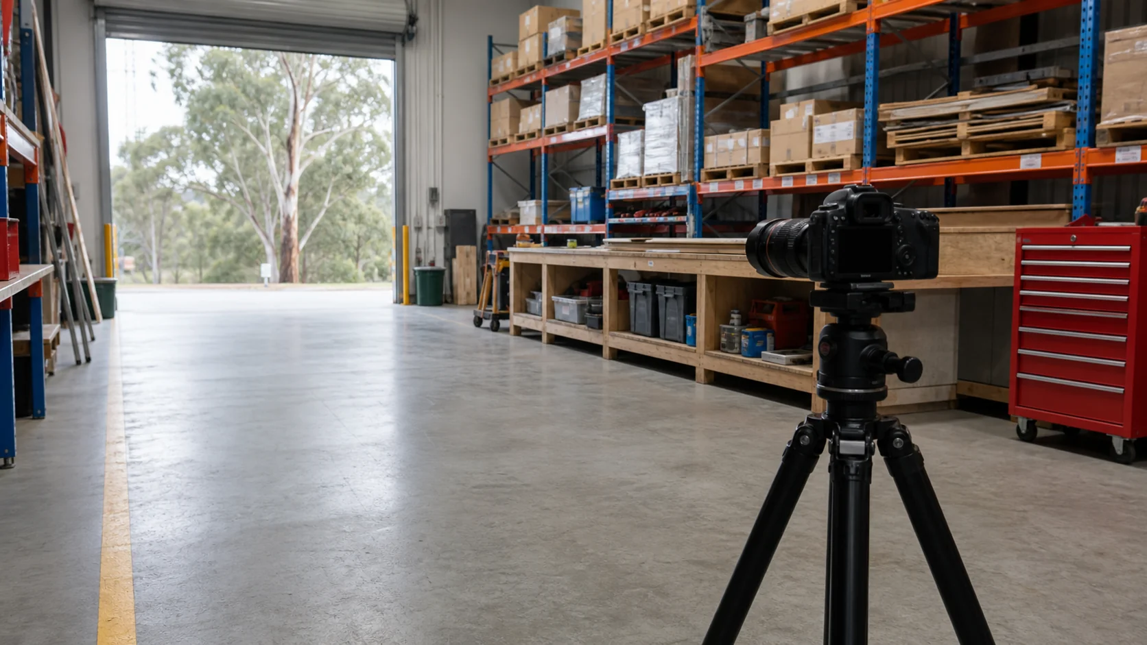 A camera on a tripod in a tidy workshop aisle