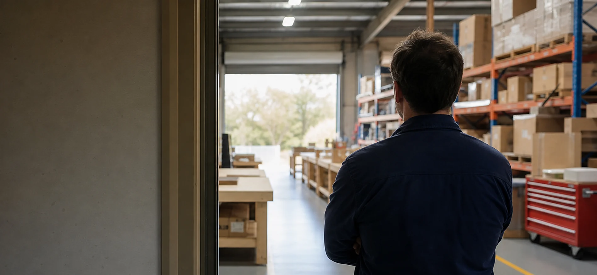 A workshop owner, from behind with arms folded, looking over their own workshop