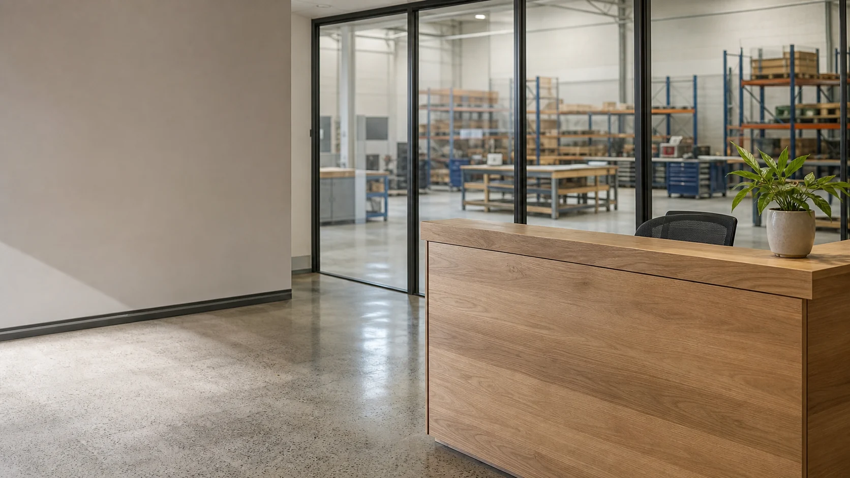 A small manufacturer's reception with the tidy workshop through the glass