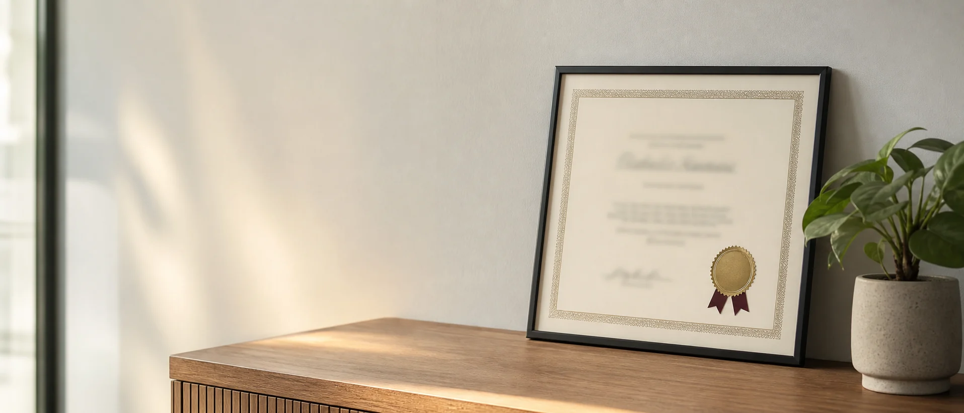 A new framed certificate with a gold seal, leaning on a sideboard, not yet hung