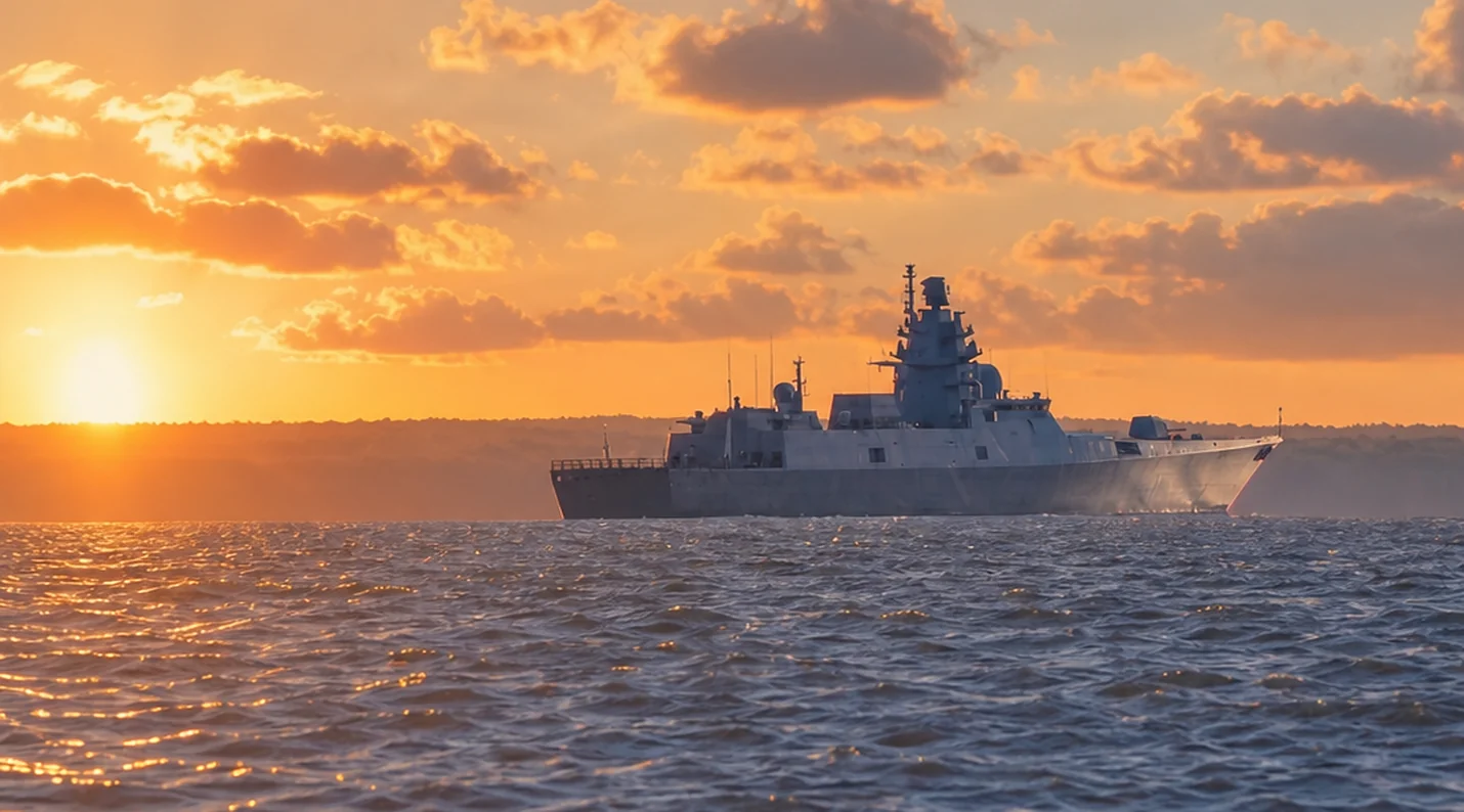 A grey warship on a calm sea at sunset
