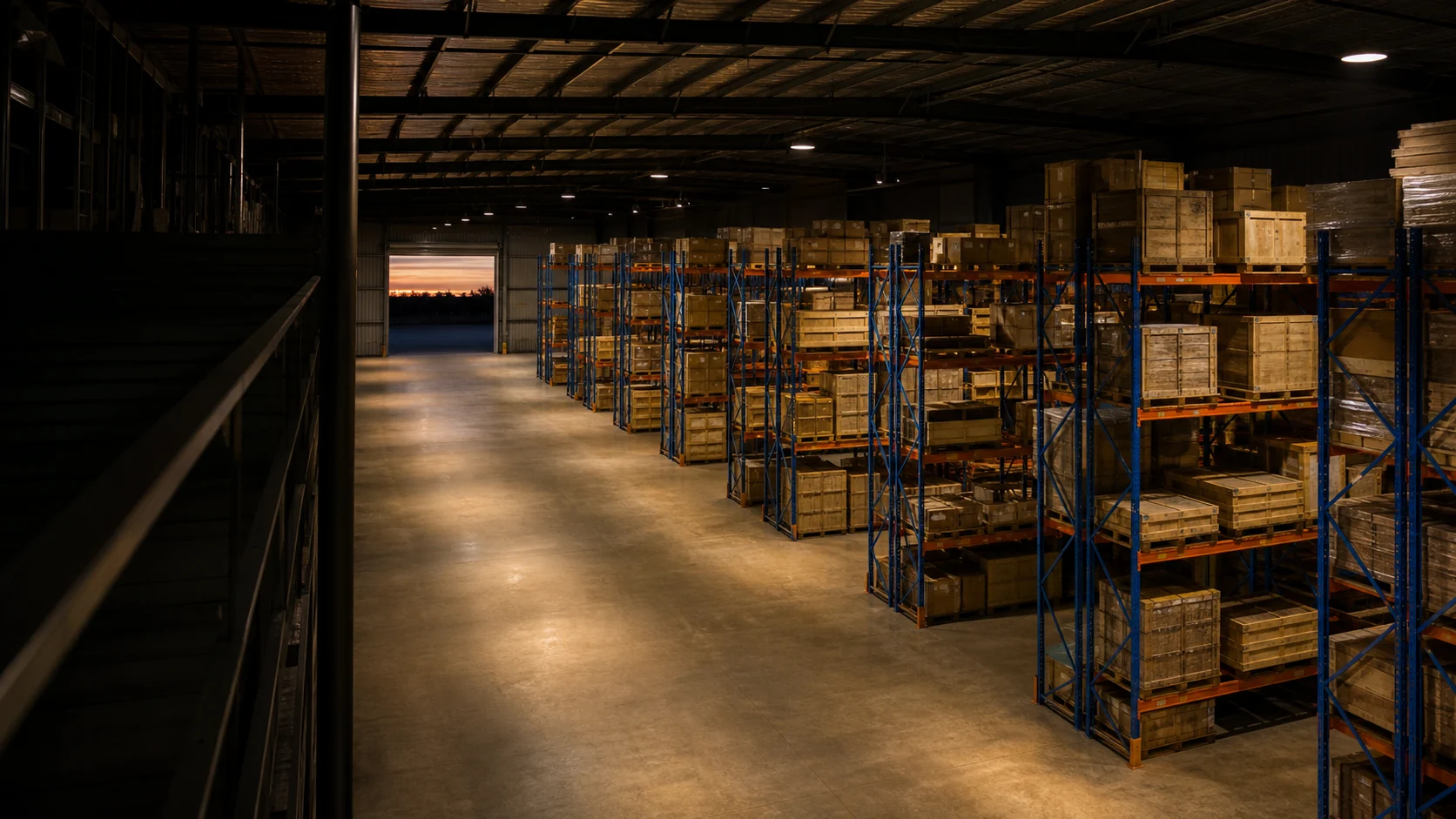 A large tidy warehouse at dusk from a mezzanine, racking and crates