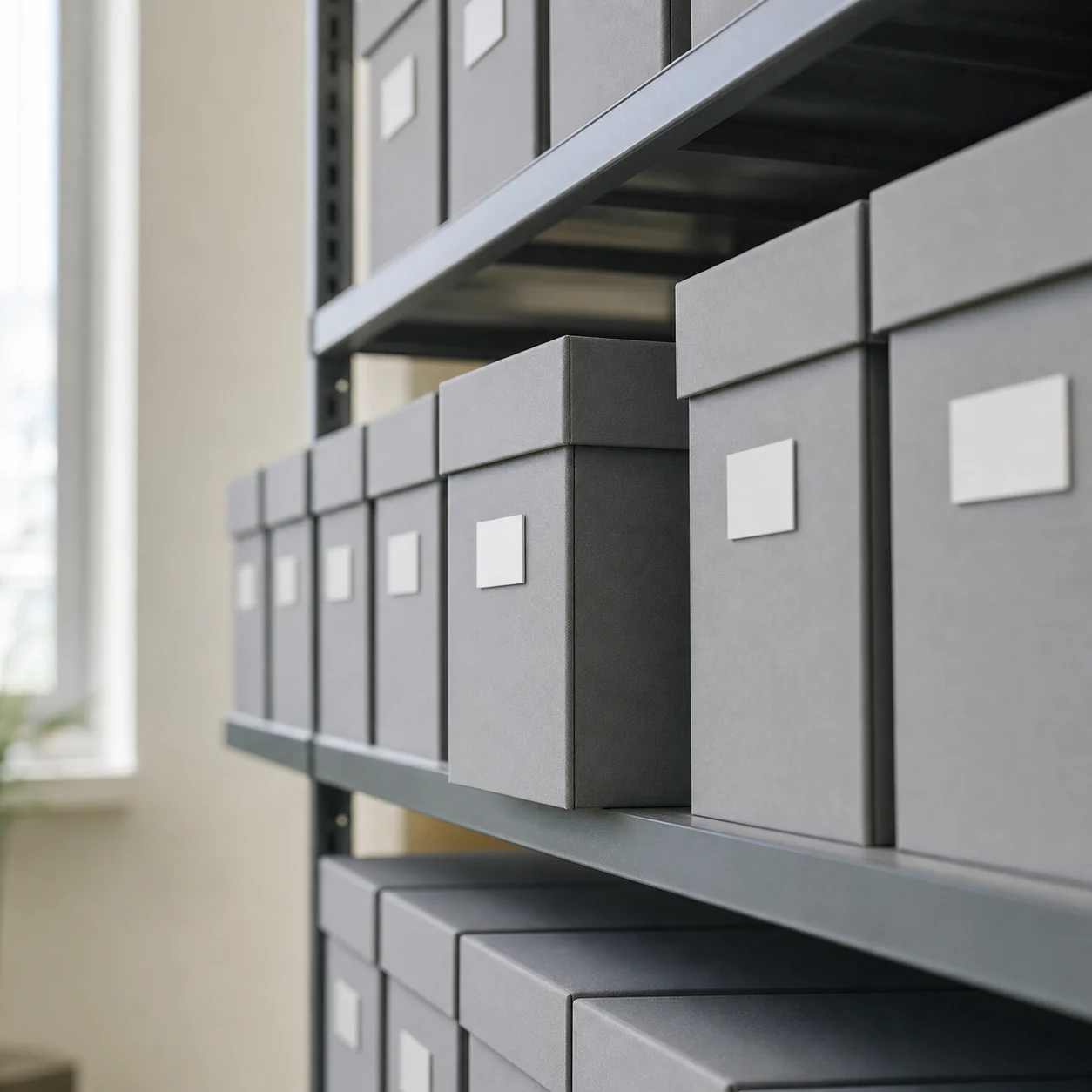 Grey archive boxes on a shelf, one pulled forward