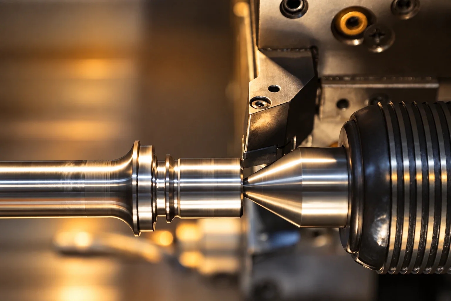 A lathe turning a stainless shaft, the cutting tool at work in warm workshop light