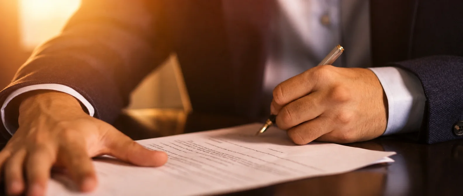 Hands signing a document at a desk in warm evening light