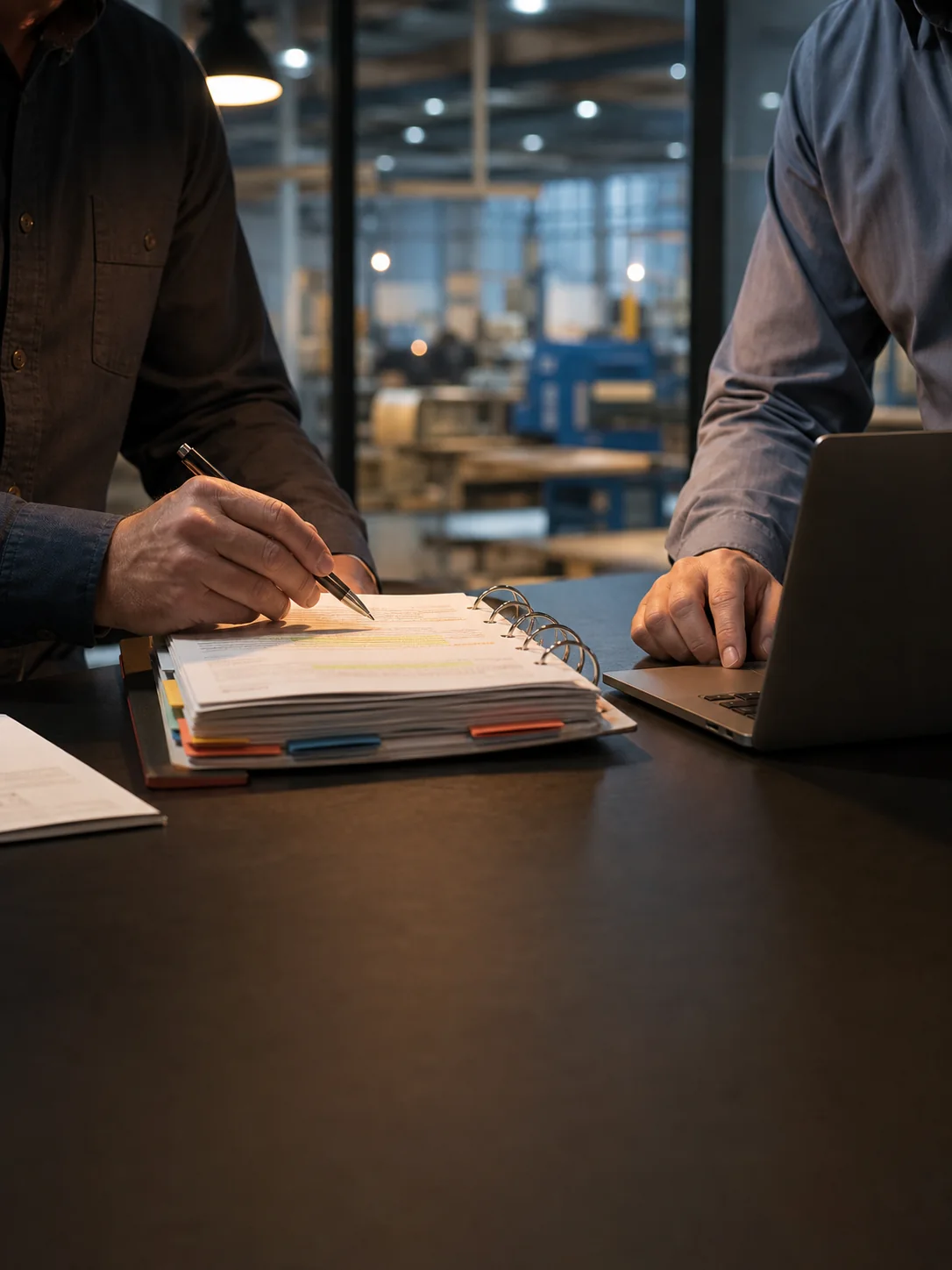 Hands working through a tabbed tender binder at a table, a laptop beside it and the workshop through the glass behind
