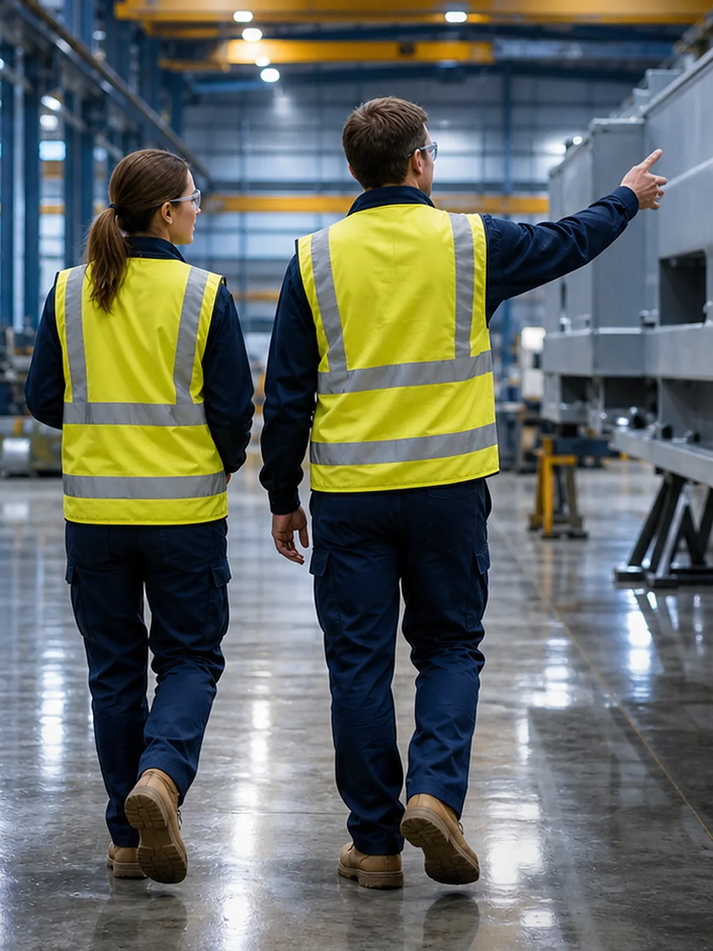 Two people in hi-vis walking through a spotless manufacturing hall, one pointing ahead