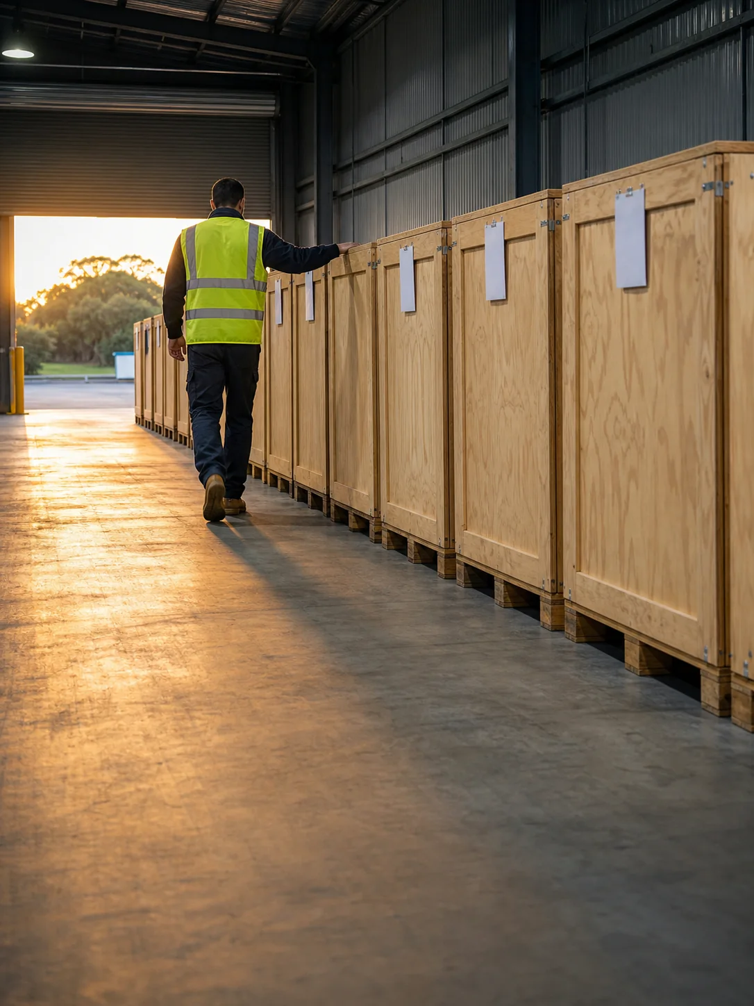A worker in hi-vis walking a row of tagged crates towards an open roller door at first light