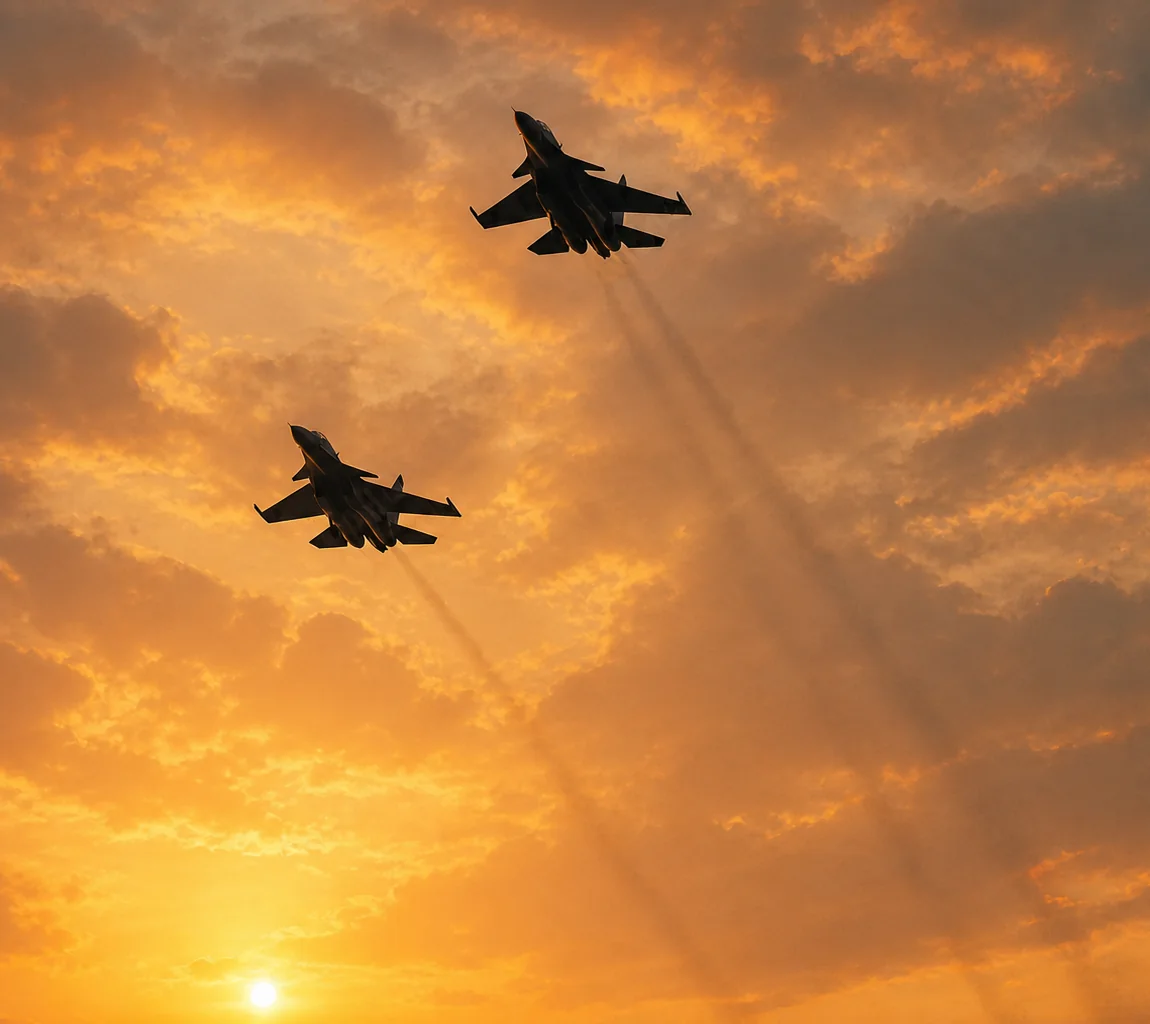 Fighter jets in silhouette against a sunset sky