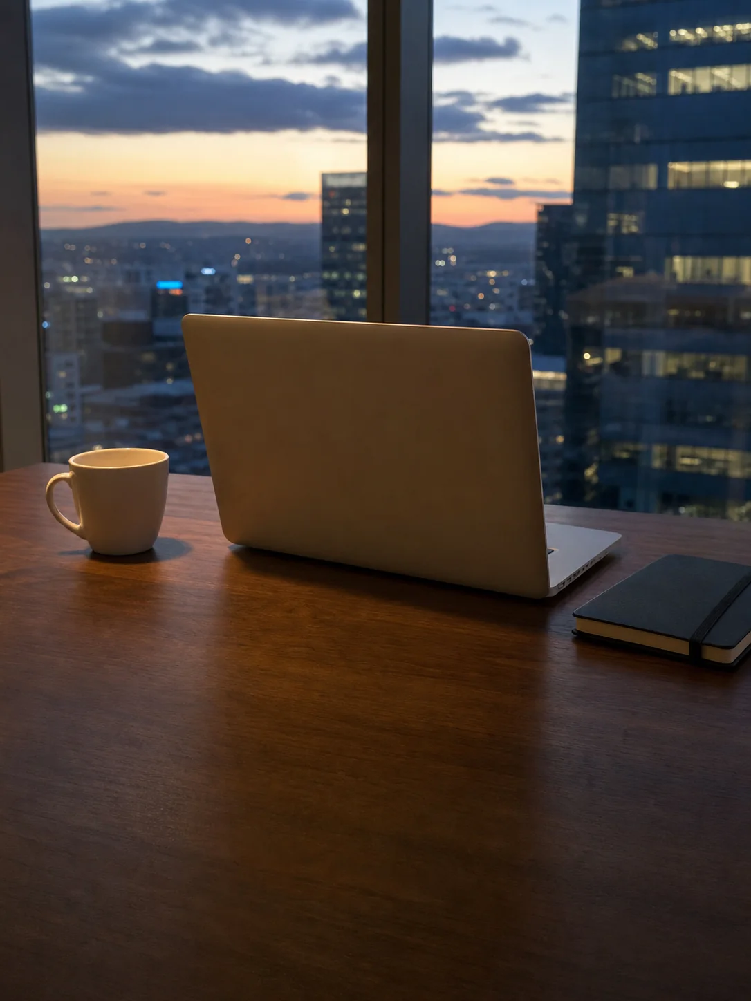 A desk in a city office at dusk, a laptop facing away
