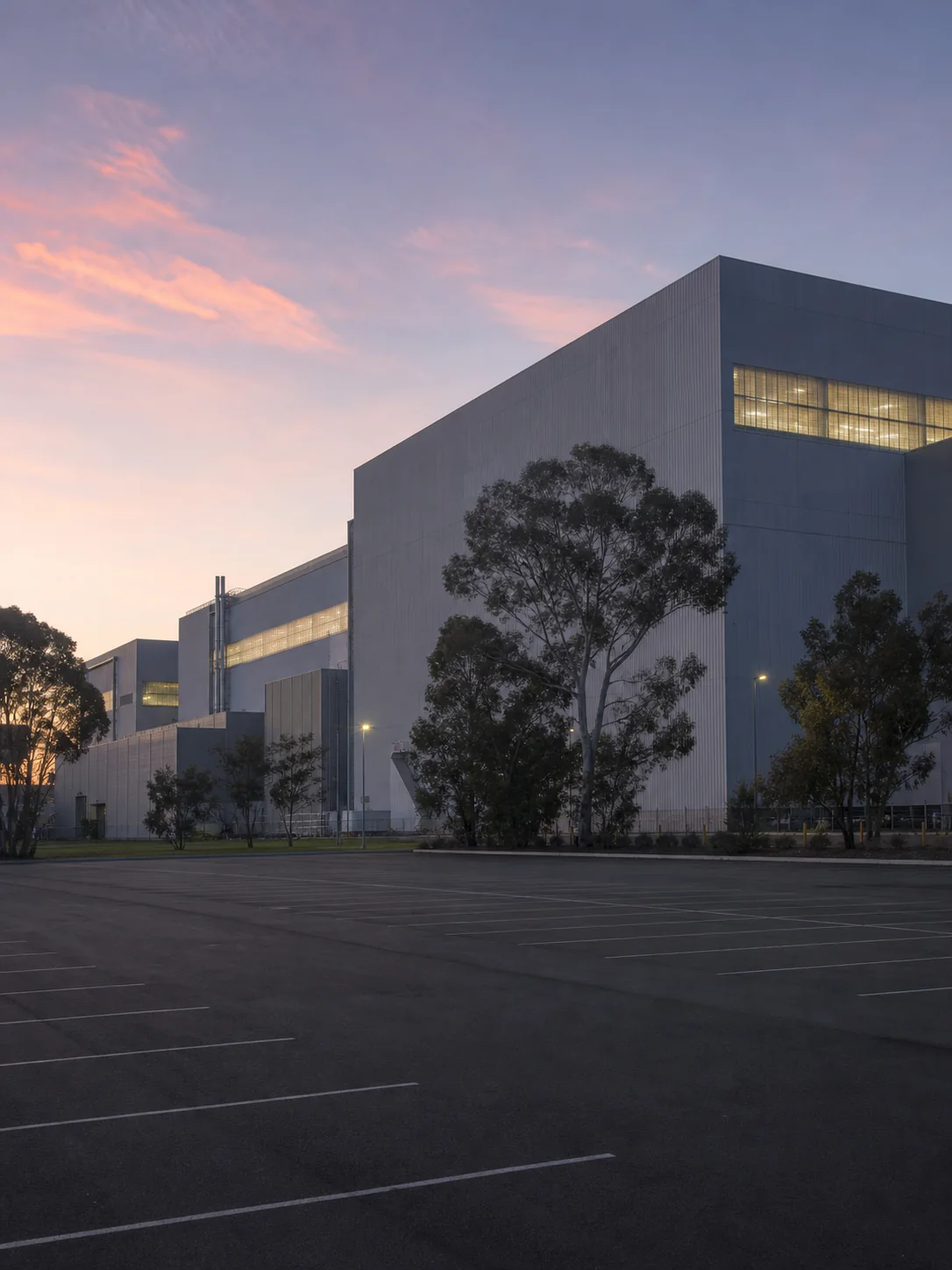 A very large industrial complex at dawn, seen from its empty car park