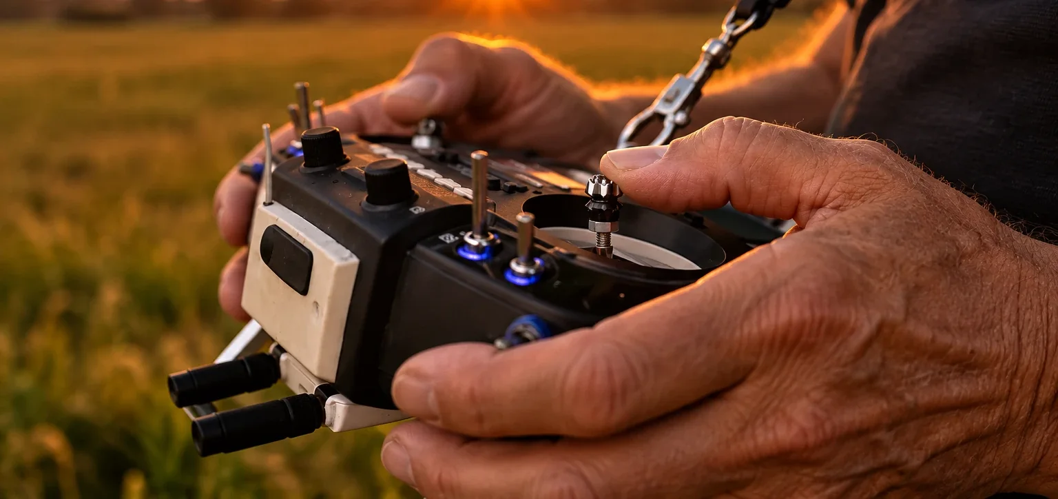 A pair of hands working a drone controller at dusk, warm light along the fingers