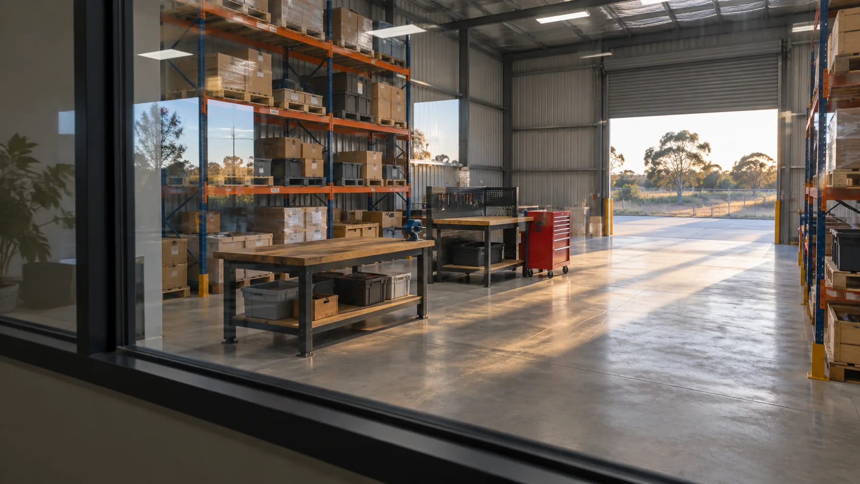 Looking through a works office window onto a tidy workshop in late light, the roller door open to gum trees