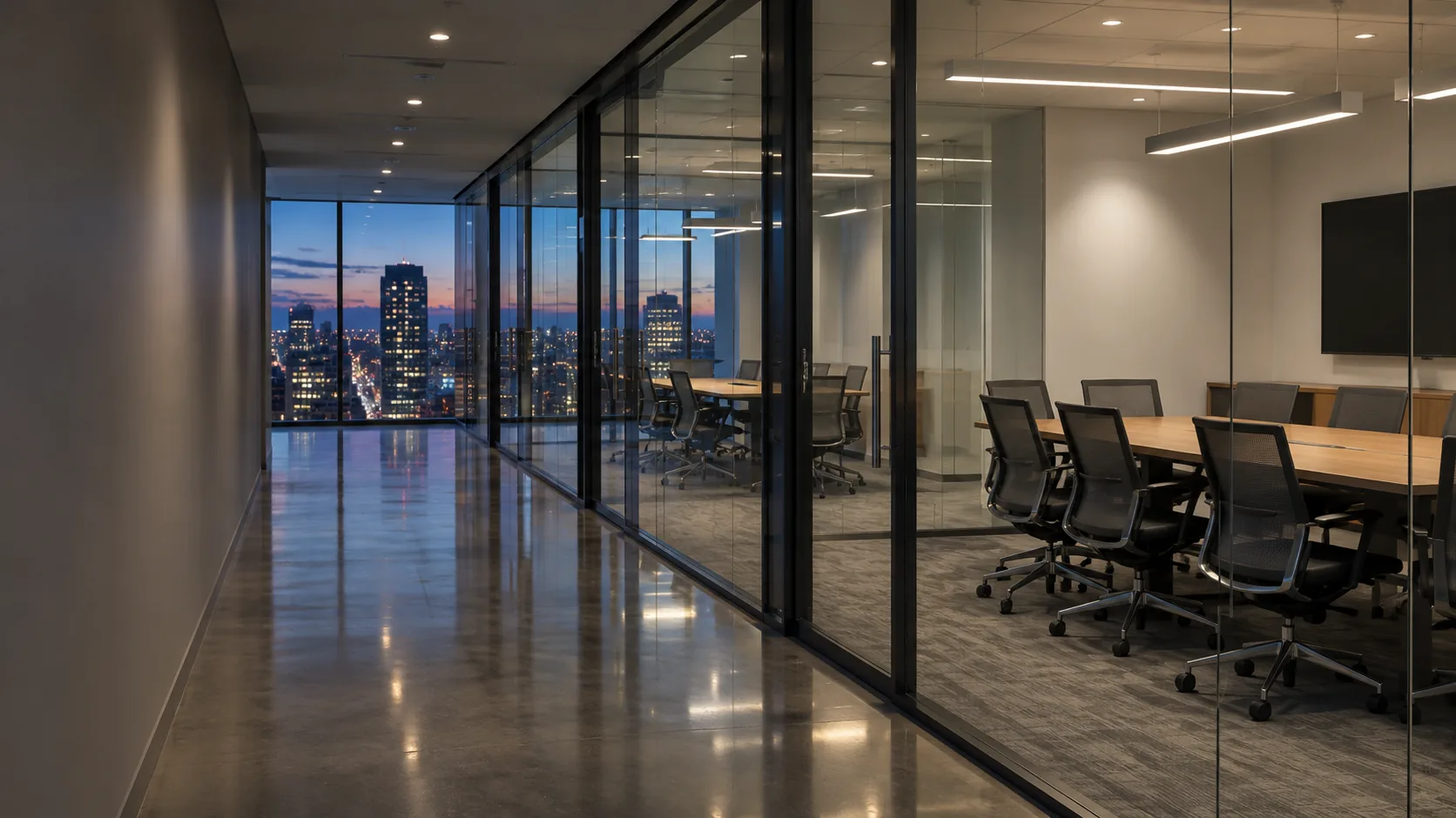 A city office corridor at dusk, glass meeting rooms lit and empty