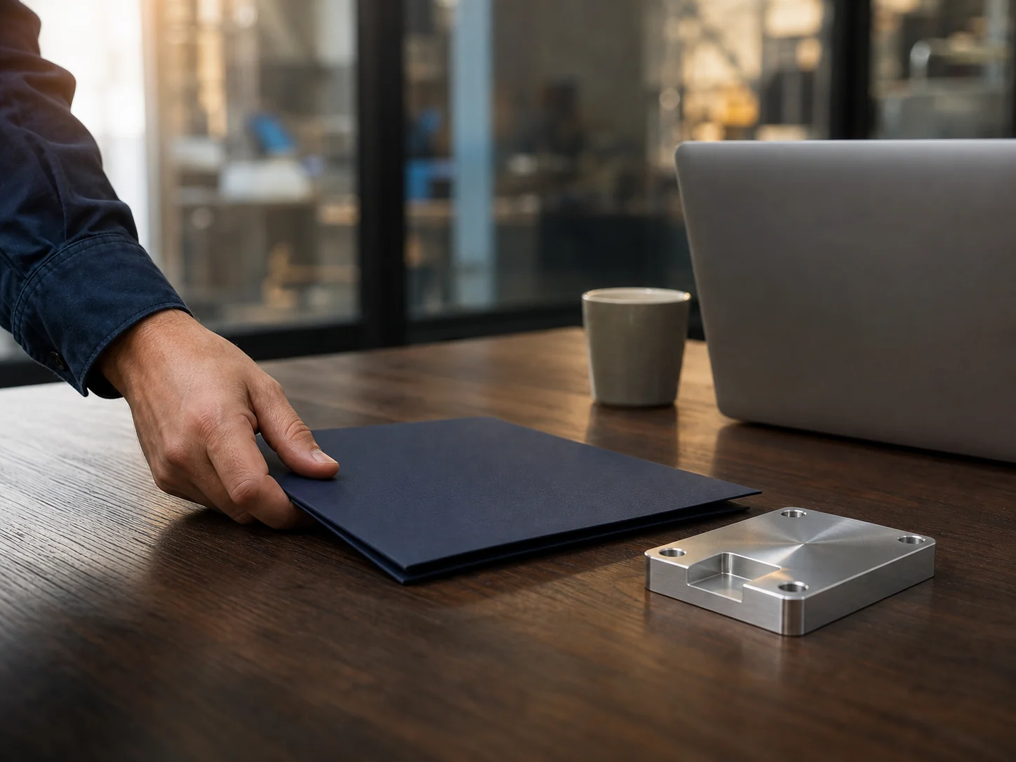 Overhead: a closed dark blue folder, reading glasses and a pen