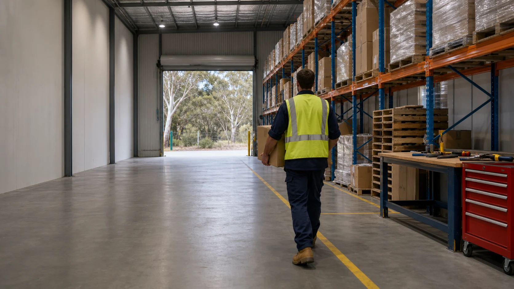 A worker carrying a box down the aisle of a tidy workshop towards an open roller door